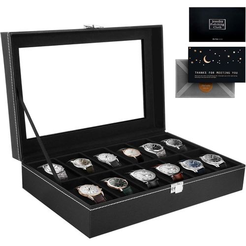 Jlslj-Boîte À Montres À 12 Emplacements,Présentoir À Montres,Boite Rangement Montre,Coffret À Montres Avec Couvercle En Verre,Coussinets Amovibles,Cadeaux De Noël Pour Hommes Et Femmes