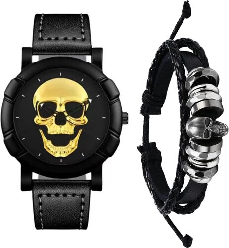 Lot De 2 Montres En Cuir Pour Homme-Motif Tête De Mort-Doré-Analogique-Quartz-Ensemble D'halloween-Steampunk Gothique-Réglable-Cadeau Pour Homme