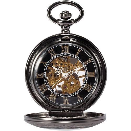 Fdjhy-Montre De Poche Avec Chaîne Pour Hommes Femmes Rétro Mécanique Squelette Analogique À Remontage Manuel Antique Loupe Conception Noir