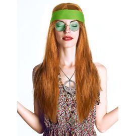 Jum-Ensemble Hippie Avec Perruque + Lunettes De Soleil Rondes + Pendentif Peace + Serre-Tête Vert Pour Hommes & Femmes Années 70 Carnaval