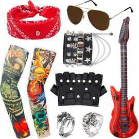 Kalanka-11 Pcs Accessoires De Costume Punk, Runk Gothique Rocker Kit Avec Faux Tatouage Manches Guitare Gonflable Lunettes Bandana Gants Bracelet Et Bague Pour Hommes Adulte Fête Des Années 70 80 90