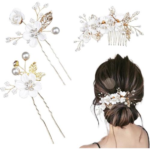 Gjhgf-3 Pièces Accessoires Pour Cheveux De Mariage, Peigne Et Pinces À Cheveux, Bijoux Cheveux Mariage, Accessoires De Coiffure, Perles De Mariée, En Pétale Cristal, Pour Femmes Et Filles (Blanc) 