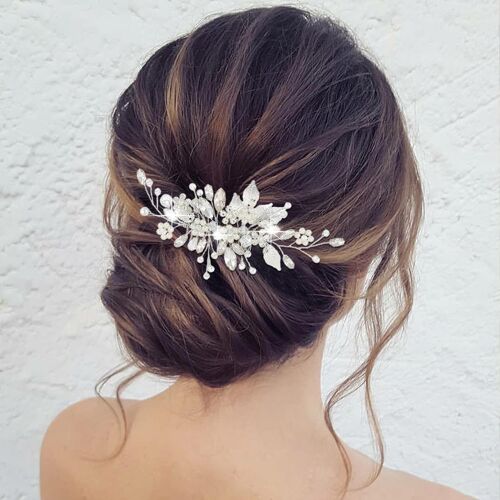 Peigne À Cheveux Pour Mariée Avec Fleurs Et Perles - Accessoires Pour Cheveux Pour Femme Et Fille (Argent)