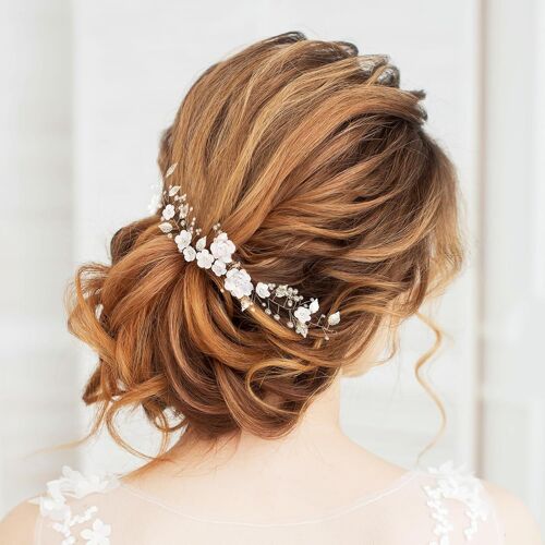 Mariée Perles Épingles À Cheveux,Accessoires Pour Céramique Cheveux Fleur Perles,Vignes Feuille Argent Headpieces,Bijoux De Cheveux De Mariée,Coiffure Perlée Pour Femmes Et Filles (Blanc) 