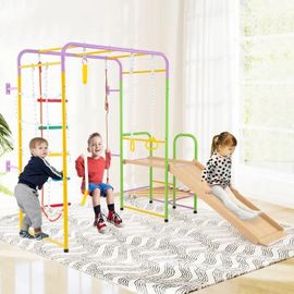Costway Gymnase Montessori 8 En 1 : Mur D'escalade,Barres, Echelle, Corde À Grimper, Anneaux, Balançoire, Toboggan Et Grimpeur