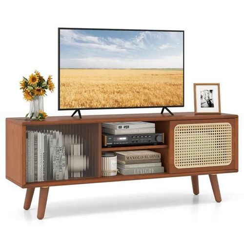 Costway Meuble Tv En Bambou Pour Tv 55" Avec 4 Compartiments, 4 Pieds En Bois, 2 Portes Coulissantes En Rotin, Verre Trempé Marron
