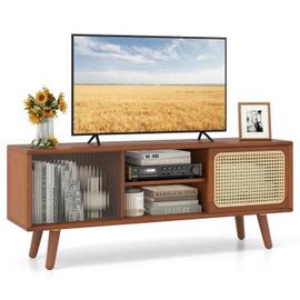 Costway Meuble Tv En Bambou Pour Tv 55" Avec 4 Compartiments, 4 Pieds En Bois, 2 Portes Coulissantes En Rotin, Verre Trempé Marron