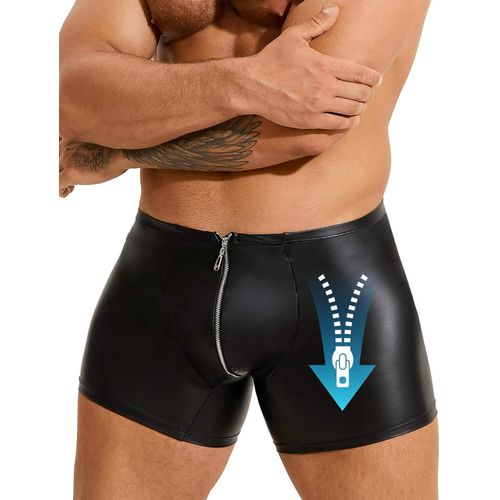 Kalanka-Simili Cuir Boxer Homme Grande Taille Boxer Moulant Zip Calecons Slip Chic Lingerie Sous Vetement Homme Mini Short Boxershorts Briefs