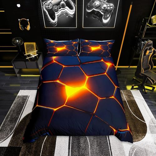 Sjzg-Housse De Couette Ado Garcon Géométrique Moderne, Parure De Lit 200x200 Enfant 3d Imprimé Motif Hexagonal, Sets De Housses De Couettes Lumineux Néon, Avec 2 Taies D'oreiller 65x65 Cm