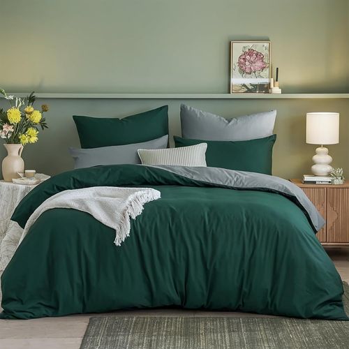 Tzf-Parure De Lit Réversible 200 X 220 Cm - Vert Et Gris - Housse De Couette 200 X 220 Cm - Avec Fermeture Éclair - En Microfibre Oeko-Tex - Doux Et Infroissable