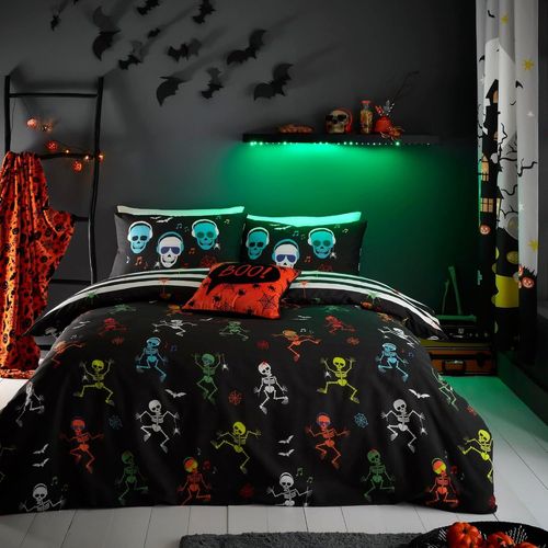 Sjzg-- Housse De Couette Halloween Squelette - Taille Lit Double (200 X 200cm) - Réversible Designs - Housse De Couette Lumineuse - Squelettes Dansants & Crânes - Linge De Lit & Décoration Halloween