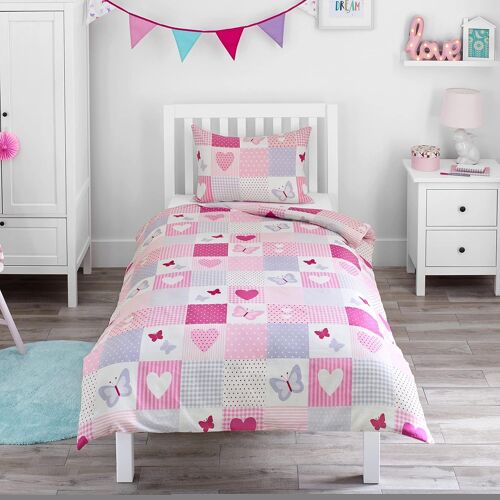 Sjzg-- Housse De Couette Et Taie D`Oreiller Enfant Filles - Coeurs Et Papillons - Imprimé Pois Rose Et Lilas - Parure De Lit Pour Junior, Bas Âge, Bébé - 120 X 150 Cm