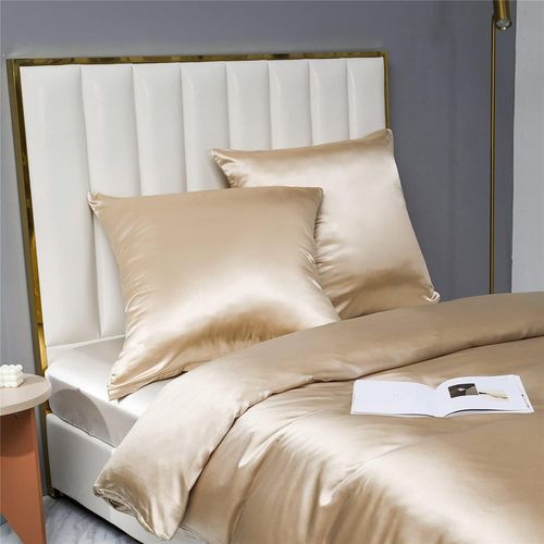 Tzf-Parure De Lit En Satin 155 X 220 Cm, Beige, Doré Brillant, Couleur Unie, Housse De Couette Lisse Et Luxueuse, En Microfibre, Avec Fermeture Éclair