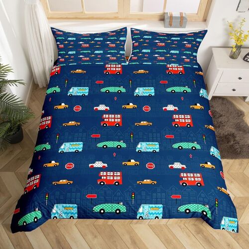 Sjzg-Parure De Lit 200x200 Ado Garcon Voiture 2 Personnes, Housse De Couette Voiture Bleu Pour Chambre D'enfant, Sets De Housses De Couettes Camion Colorée, Avec 2 Taies D'oreiller 65x65 Cm