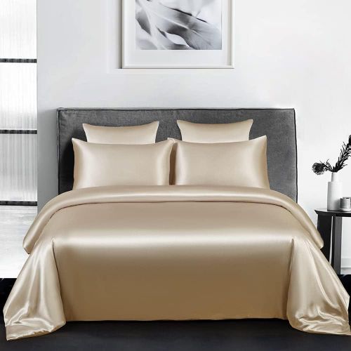 Uiiuy-Housse De Couette Satin 200x200 Taupe Avec 2 Taies D'oreiller 65x65 Cm Parure De Lit Adulte 2 Personnes Linge De Lit Satin De Soie Brillante Avec Fermeture Éclair