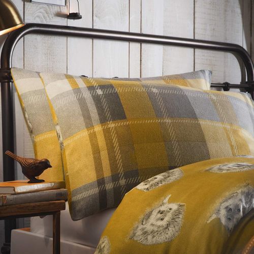 Tzf-- Housse De Couette Hérisson À Carreaux Ocre - 230 X 220 Cm - 2 Taies D'oreiller - 100% Coton Brossé Doux - Design Réversible - Literie En Flanelle Jaune Ocre Avec Hérissons
