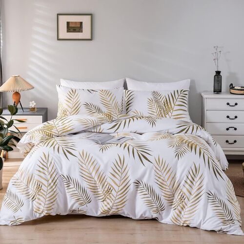 Ulteronixshop-Housse De Couette 240x260 Feuilles De Palmier Tropicales Motif Or Blanc Parure De Doux Microfibre Lit Linge De Lit 2 Personne Adulte Avec Fermeture Éclair Avec Taies D'oreiller 65x65 Cm