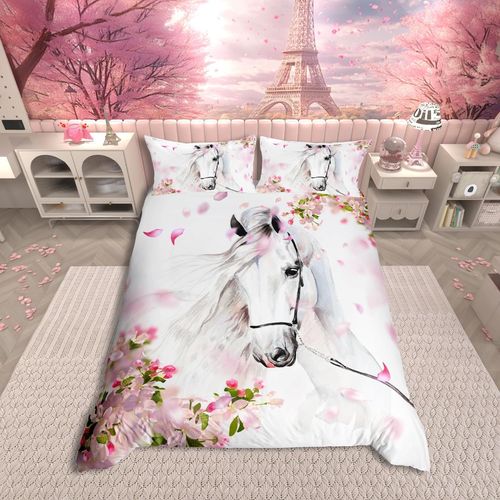 Tianyi-Housse De Couette 200x200 Cheval Pour Filles Ensemble De Literie Chic Sakura Garçon Adolescent Courir Cheval Blanc Literie Cheval Animal Sauvage 3d Housse Couette Western Rustique Style Fermie