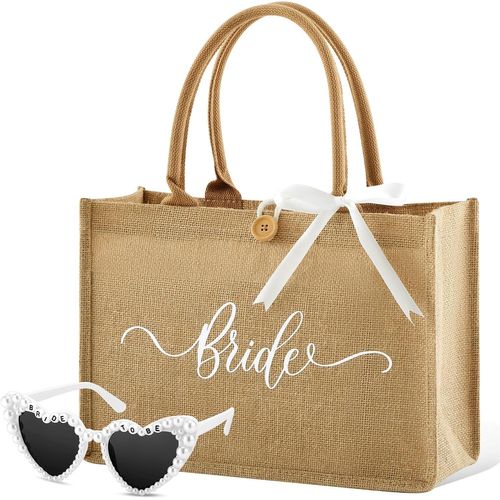 Set 2 Cadeaux De Mariée Sac Fourre-Tout En Jute 35 X 25 X 13 Cm Evjf Tote Bag Avec Ruban Bride To Be Lunettes Nuptiales De C?ur Accessoires Pour Mariage Douche Nuptiale Femmes