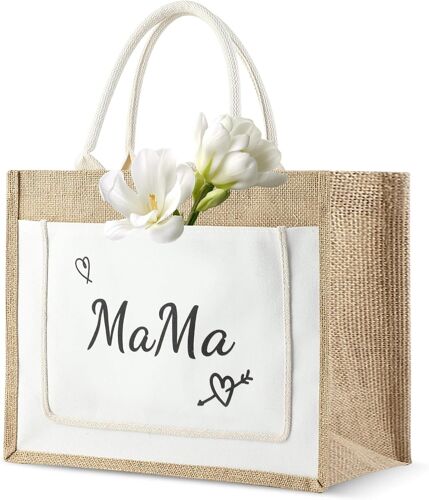 SJZG-Sac En Tissu, Sacs De Courses Et Cabas, Sacs De Courses Personnalisés Avec Lettres Et Coeurs, Sac En Jute Pour Maman, Cadeau Pour Femme, Cadeau Pour Maman, Pour La Fête Des Mères (A)