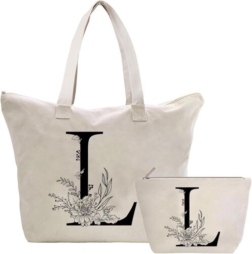 JEXNOVASHOP-Sac Fourre-Tout en Toile avec Initiale Fleur, Personnalisés Sac Tote bag en Toile Coton Trousse de Maquillage, Idéal pour Mariage Anniversaire Noël, Cadeau pour Femmes Amis Maman S?urs L