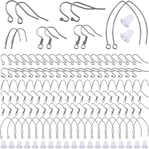Gjhgf-Toaob Lot De 300 Boucles D'oreilles En Acier Inoxydable, 6 Styles, Hypoallergéniques, Crochets À Charnière Et Fermoirs En Silicone Transparent 5 X 4 Mm Pour Création De Bijoux À Faire Soi-Même