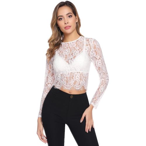 Utigh-Top Sexy Femme Dentelle Transparent Haut Tuelle Moulant Chemisier Femme Sexy T-Shirt Soirée Fête Clubwear Doux Chic