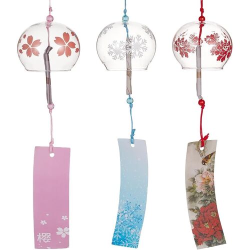 3pcs Carillons À Vent Japonais Rose Cerise/Rouge/Bleu Verre Vent Cloches Pendentifs Faits À La Main Pour Cadeau D'anniversaire Et Décors Pour La Maison
