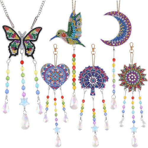 Mevronisshop-Diamond Painting Carillon, 6 Pcs 5d Peinture Diamant Carillons Éoliens Pour Jardin Et Garçons, Diy Diamond Painting Dreamcatcher, Ornements De Peinture Double Face Pour La Décoration De