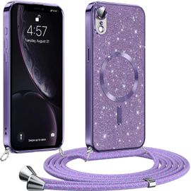 Coque Pailletée Pour Iphone Xr 6,1"" Avec Cordon Réglable, Silicone Antichoc Et Anti-Rayures, Compatible Magsafe, Violet