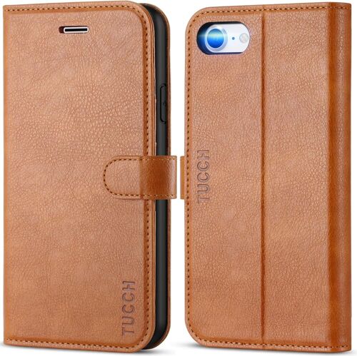 AEFJ-Coque pour iPhone SE 2022, Etui Portefeuille TPU Antichoc Emplacement Carte Simili Cuir Béquille Protection Robuste pour iPhone SE 2020/8/7 (4,7 Pouces) - Brun Clair Texturé
