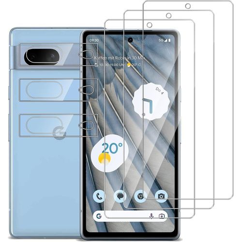 Cauc-3 Pièces Verre Trempé Pour Google Pixel 7 Avec 3 Pièces Caméra Arrière Protecteur,Hd Transparent, Dureté 9h-Sans Bulles D'air-Anti Rayures Film Protection Écran