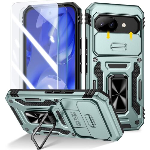 JGD-Coque pour Google Pixel 9A, 2 Protecteurs D'écran, et Anneau Béquille, [ 360° Protection Militaire ] Protection Coulissante Caméra (Vert)