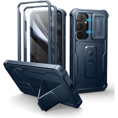 Pour Coque Samsung Galaxy S25 Plus¿Double Cadre Avant Et Support¿ Avec Caméra Coulissante Intégrée & Protecteur D'écran, Coque De Protection Robuste Résistante Aux Chocs - Bleu Marine