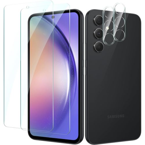 Pack 2 Verres Trempés + 2 Protections Objectif Pour Samsung Galaxy A54 ¿ 0,28 Mm, Dureté 9h, Haute Transparence Hd, Anti-Rayures & Anti-Empreintes, Pose Sans Bulles, Bords 2.5d