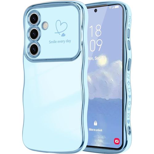 Coque Compatible Avec Samsung Galaxy S25 Plus Motif Coeur Housse Portable Forme Ondulée Bouclée Avec Protection De Caméra Galvanisé Coque Pour Samsung Galaxy S25 Plus Bleu