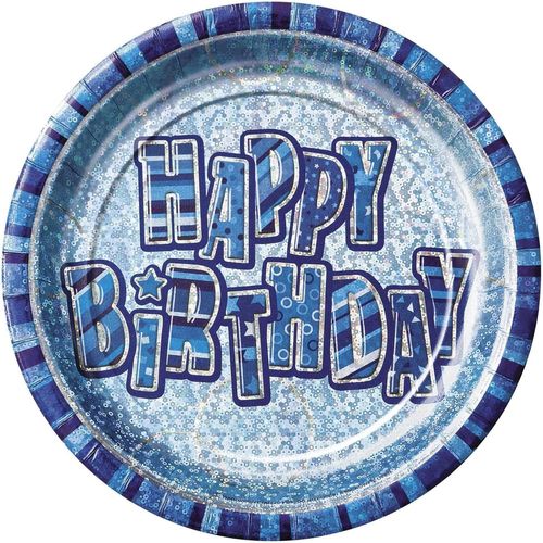 Paquet De 8 Assiettes En Carton D'anniversaire Holographiques - 23 Cm - Bleu Glitz