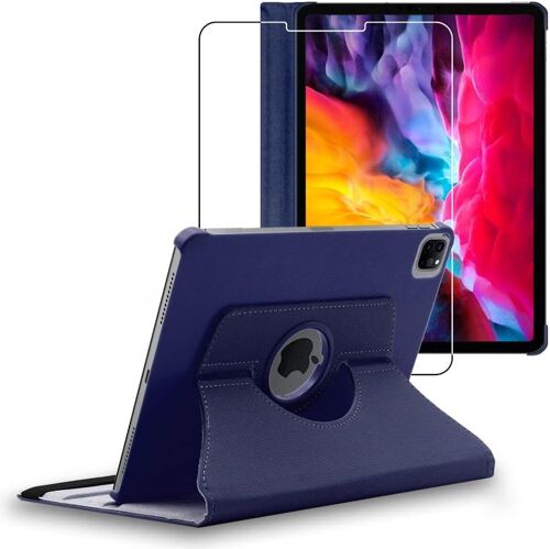 KAL-- Coque Pour Ipad Air (2020) 10.9, Ipad Air 4 Apple, Etui Rotatif 360, Housse Protection Pu Cuir, Bleu Foncé + Verre Trempé
