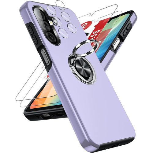 Coque Antichoc Samsung Galaxy A26 PC+TPU Style Militaire avec Anneau 360° Intégré Discret, 2 Verres Trempés + 2 Protections Caméra, Revêtement Anti-jaunissement - Violet