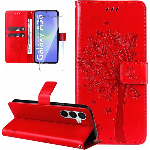JGD-Coque pour Samsung Galaxy A36 5G Etui Portefeuille Cuir avec Verre Trempé Motif Porte Carte à Rabat Clapet Housse Protection Flip Case Étui Coque pour Samsung Galaxy A36 5G-Rouge