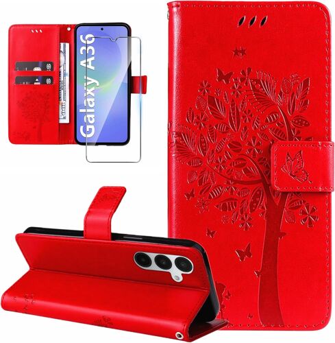 JGD-Coque pour Samsung Galaxy A36 5G Etui Portefeuille Cuir avec Verre Trempé Motif Porte Carte à Rabat Clapet Housse Protection Flip Case Étui Coque pour Samsung Galaxy A36 5G-Rouge