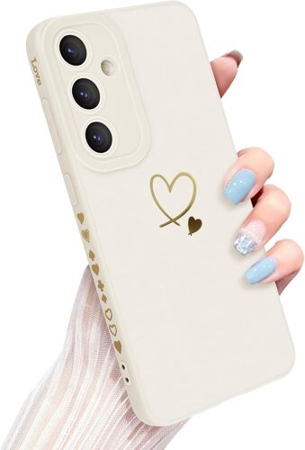 SJZG-Coque Samsung Galaxy S24 Plus 5G Etui Pour Filles Femmes, Doré Amour Coeur Motif Doux Silicone Liquide S24+ Coque Mignon Coeur Bord Antichoc Housse De Protection Samsung S24 Plus-Blanc