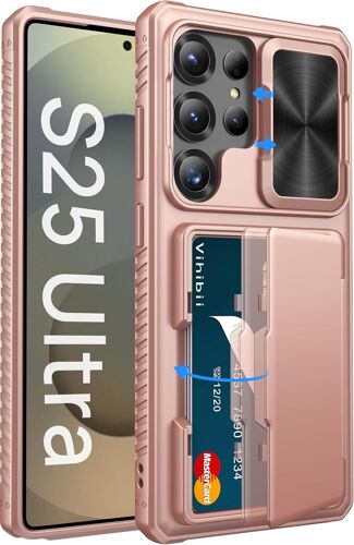 SJZG-Pour Samsung Galaxy S25 Ultra Coque Avec Fentes Pour Cartes [Rfid Blocking], Protection Cache Objectif, Tpu Militaire Robuste Coque Antidérapant Wallet Housse Pour Samsung S25 Ultra, Or Rose