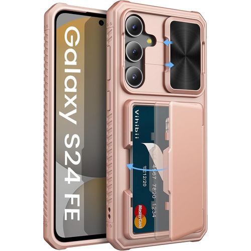 CAUC-pour Samsung Galaxy S24 FE Coque avec Porte-Carte & Cache Caméra & RFID Blocage, Protection d'écran Antirayures Militaire Antichoc Étui Portefeuille pour Samsung S24 FE 6,7 Pouces, Or Rose