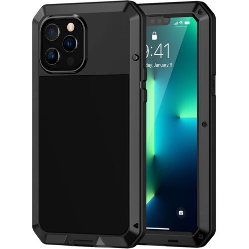 Coque pour iPhone 13 Pro Max, [M¿¿tal et Rigide] [Antichoc] Militaire avec du Verre tremp¿¿ Integrale Indestructible Chantier Antipoussi¿¿re Etui [Compatible Charge sans Fil] - Noir