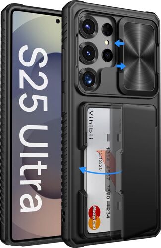 CAUC-Coque pour Samsung S25 Ultra avec Porte Carte [RFID Blocking] & Cache Caméra, Protection Militaire Antichoc Étui Rigide Anti-Rayures Case pour Samsung Galaxy S25 Ultra 6,9"" 5G 2025, Noir