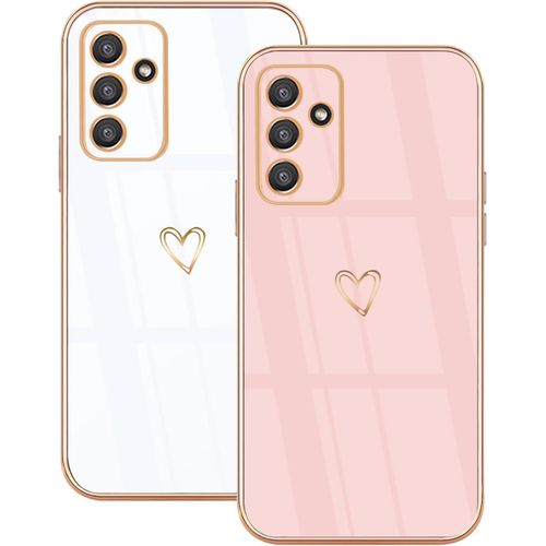 2 Pièces Coque Pour Samsung Galaxy A13 5g Coeur Amour Motif Tpu Souple Galvanoplastie Anti Rayures Coque Protection Silicone Case Galaxy A04s Housse Bumper Antichoc Cover - Blanc Et Rose