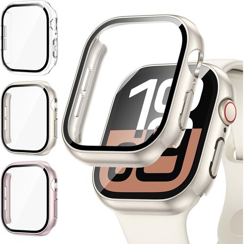 Pack 3 Coques Rigides Pc Pour Apple Watch Série 10 46 Mm Avec Protecteur Écran En Verre Trempé - Bumper Antichoc Transparent / Rose / Starlight