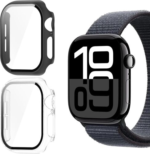 Loranka-2 Pièces Coque Pour Apple Watch Series 11/10 46mm Avec Protection Écran, [Anti-Rayures] Case Protection Étui Avec Verre Trempé, Couverture Complète Protecteur Pc Coque, Noir + Transparent