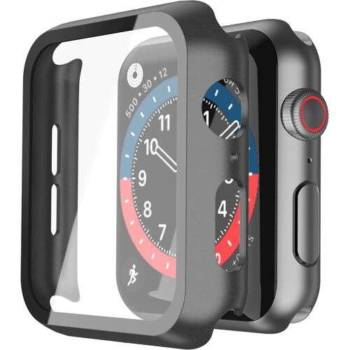 Mevronisshop-2 Pièces Pc Coque Compatible Avec Apple Watch Se3 / Se2 / Se/Serie 6 / Serie 5 / Serie 4 44mm, Protection Ecran Verre Trempé Ultra Mince Couverture Complète, Noir